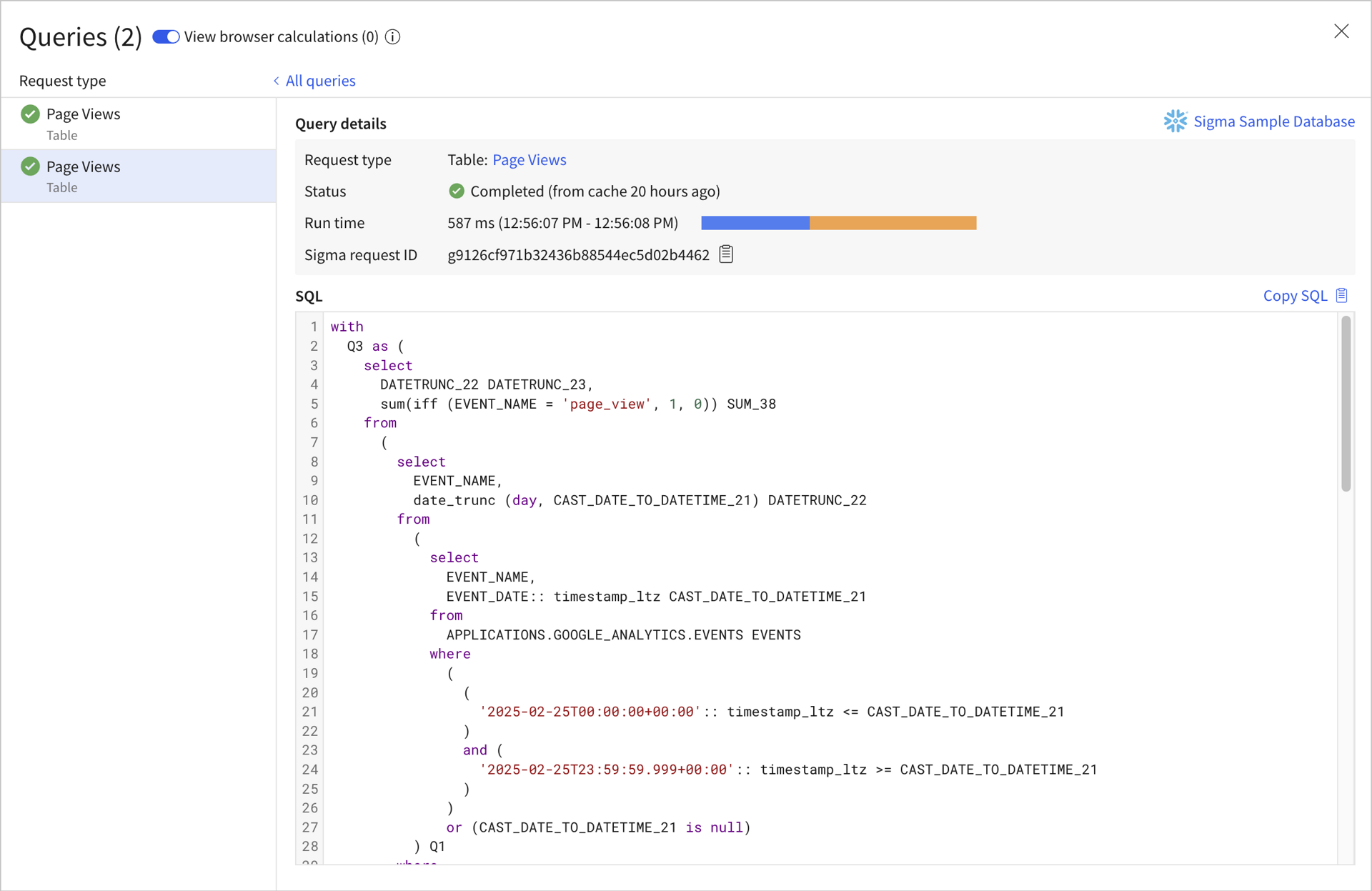 Sigma workbook showing generated SQL queries